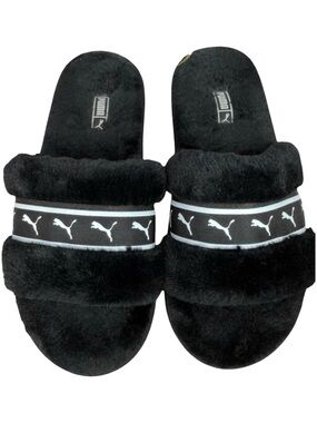 Puma Fluff Remix Faux Fur Slides Black Size 5 Cozy Athleisure